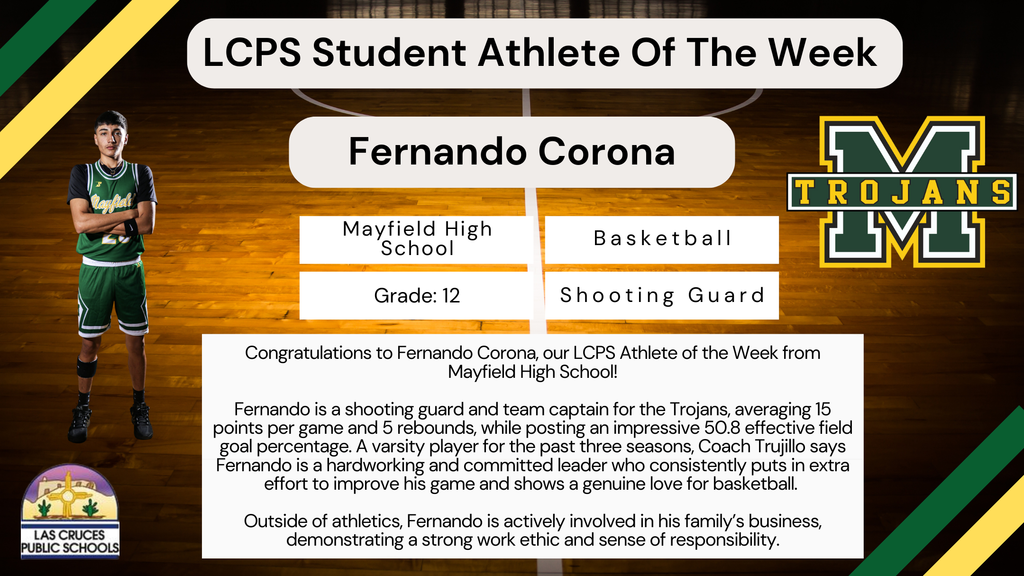 Congratulations to Fernando Corona, our LCPS Athlete of the Week from Mayfield HS!