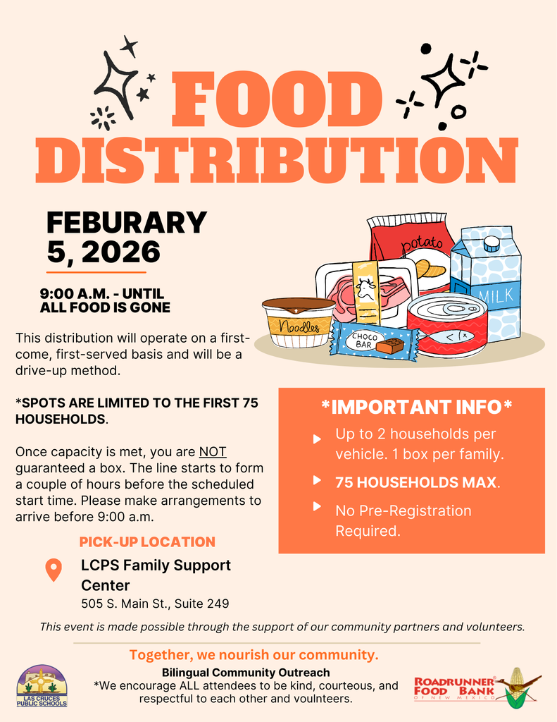 We’re happy to share that the monthly LCPS food distribution will take place on Thursday, February 5, at 9:00 a.m. in front of the LCPS Family Support Center