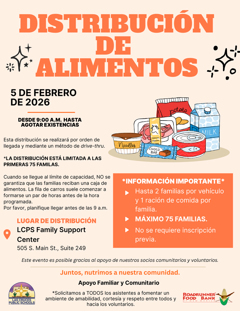 Nos complace compartir que la distribución mensual de alimentos de LCPS se llevará a cabo el jueves 5 de febrero 