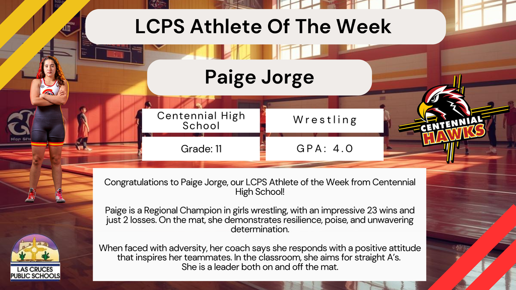Congratulations to Paige Jorge of CHS, our LCPS Athlete of the Week! A Regional Champion in girls wrestling with an outstanding 23–2 record, Paige leads with resilience, determination, and heart. She inspires her teammates on the mat and excels in the classroom. Way to lead by example, Paige!
