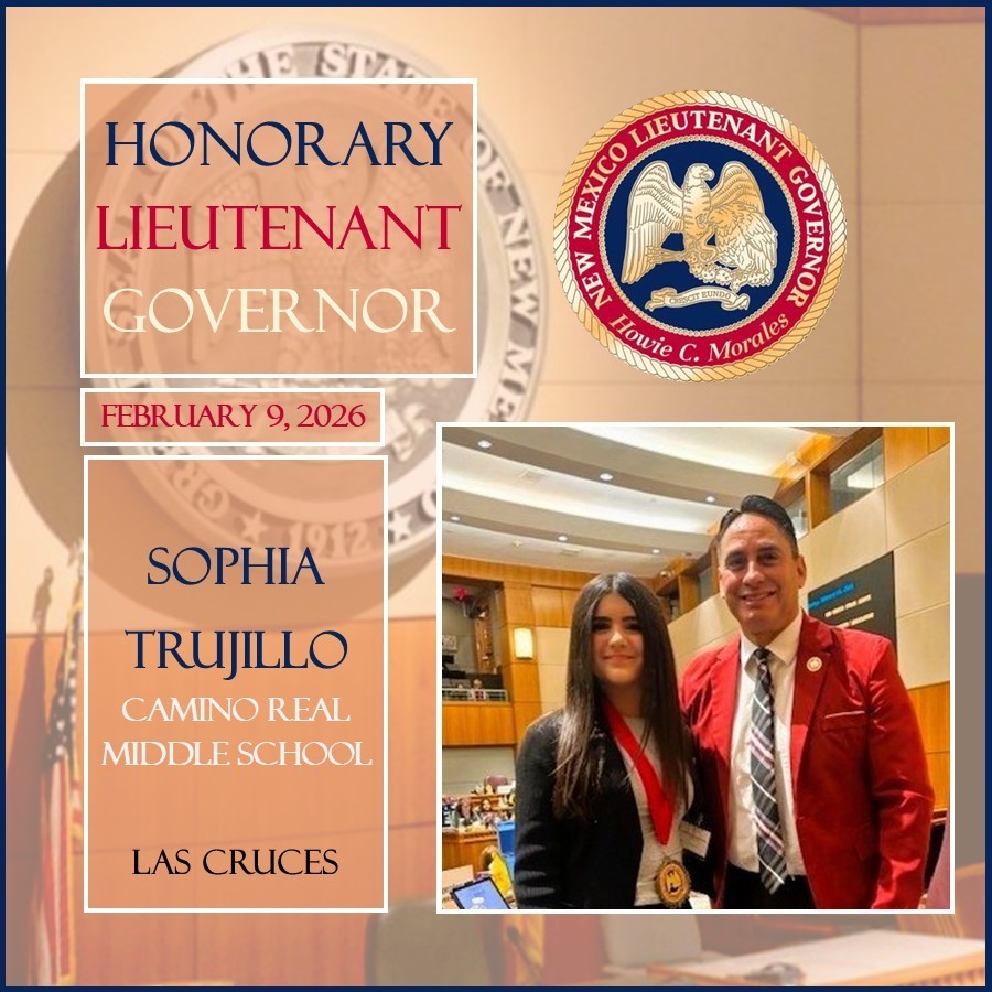 Last week, Sophia, an 8th grade student at Camino Real Middle School served as Honorary Lieutenant Governor at the Roundhouse, representing our community with excellence and poise at the New Mexico Capitol in Santa Fe.