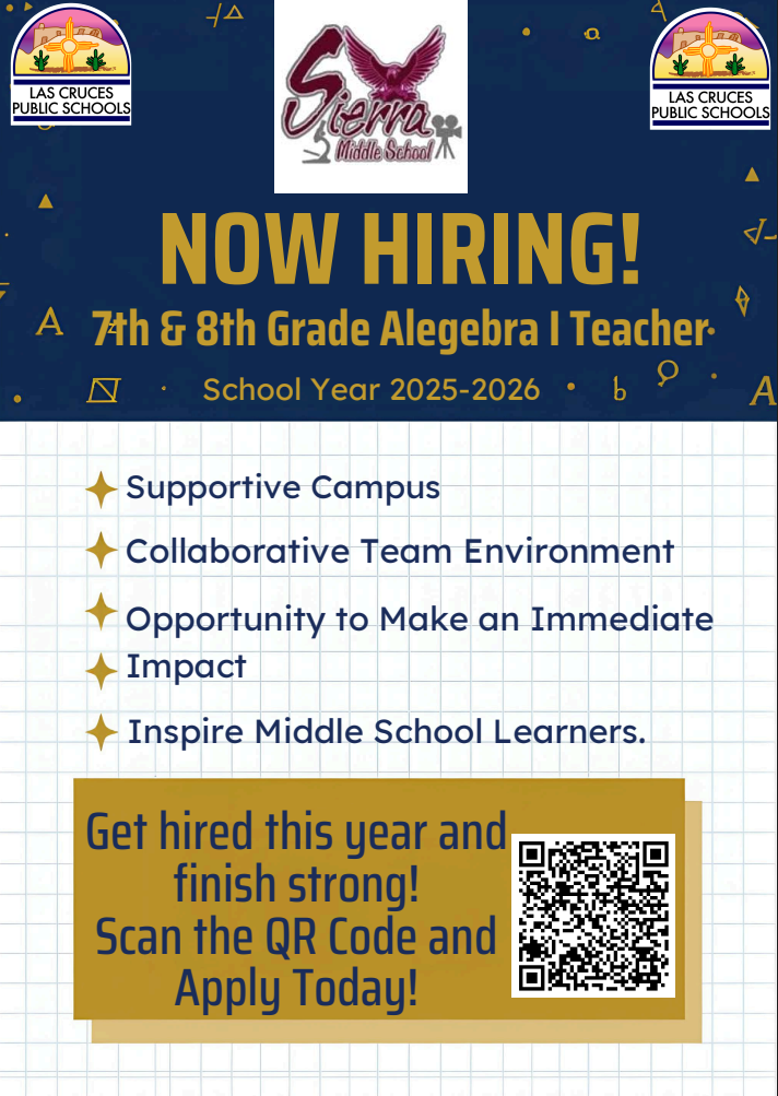 blue and gold flyer for Sierra Middle School algebra teaching vacancy