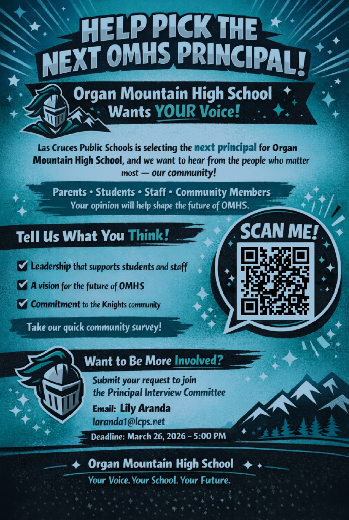 teal flyer with information on the Organ Mountain principal selection, English