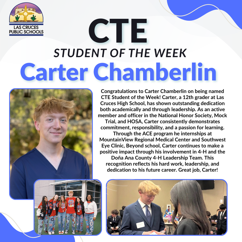 Congratulations to Carter Chamberlin on being named our CTE Student of the Week!