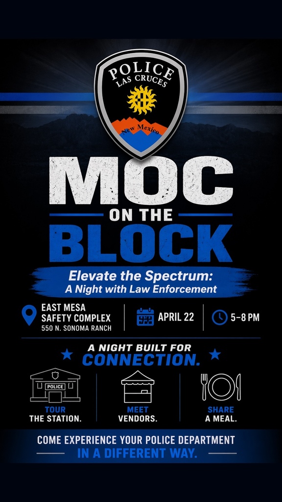 blue and black graphic with Las Cruces Police logo
