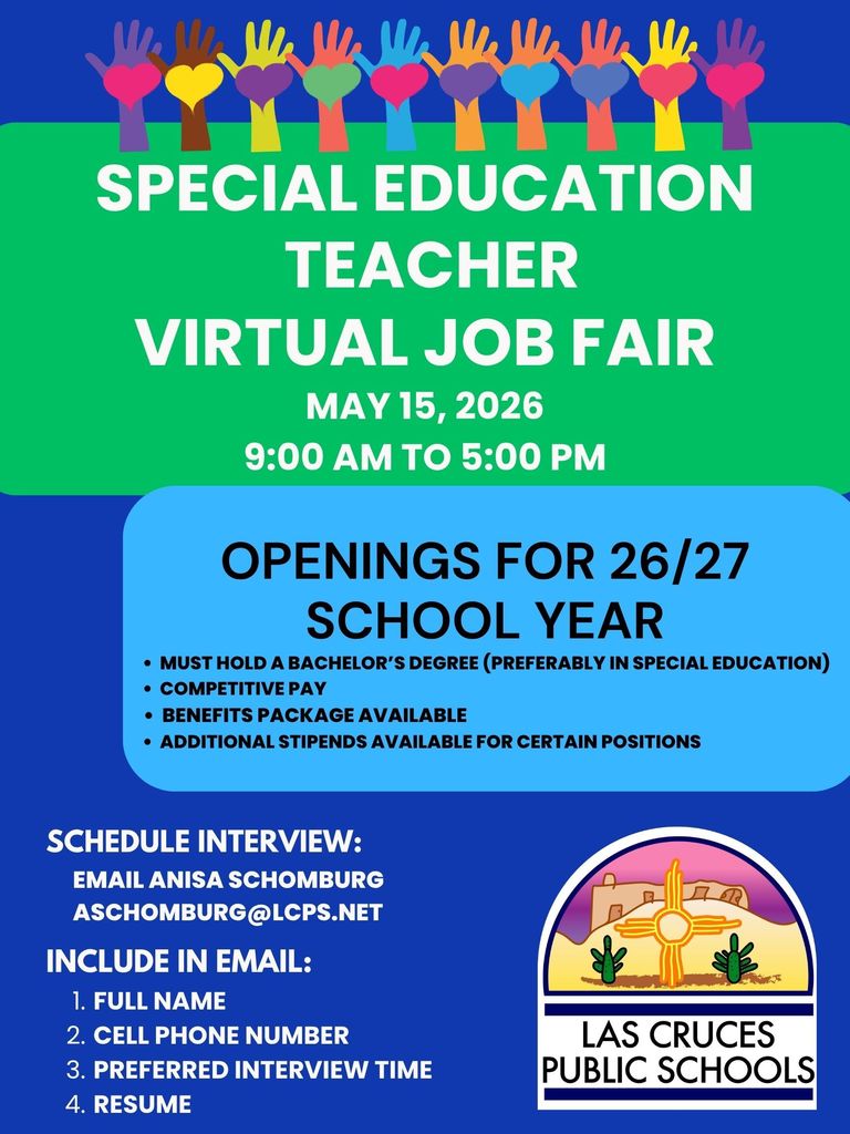 blue and green flyer with job fair information