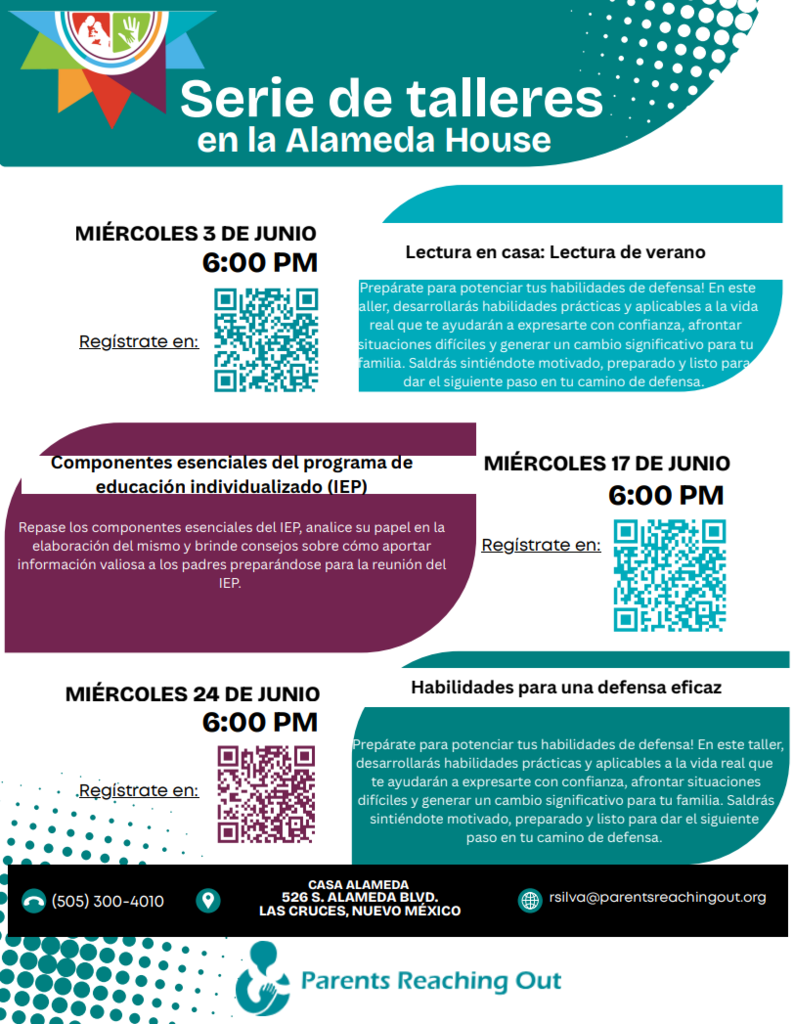 teal, white and maroon flyer, Spanish