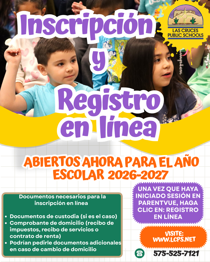 colorful flyer with online registration information, Spanish
