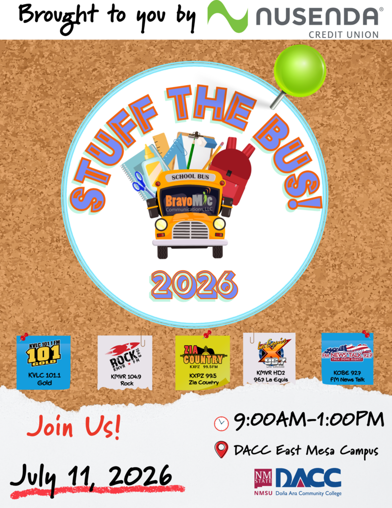 corkboard image with school bus and radio logos