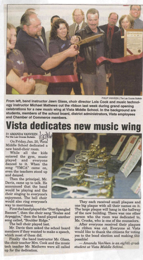 This week we're looking back at the January 27, 2006, edition of the Las Cruces Bulletin, which featured the dedication of Vista Middle School's new music wing in a story written by a Vista student-journalist.