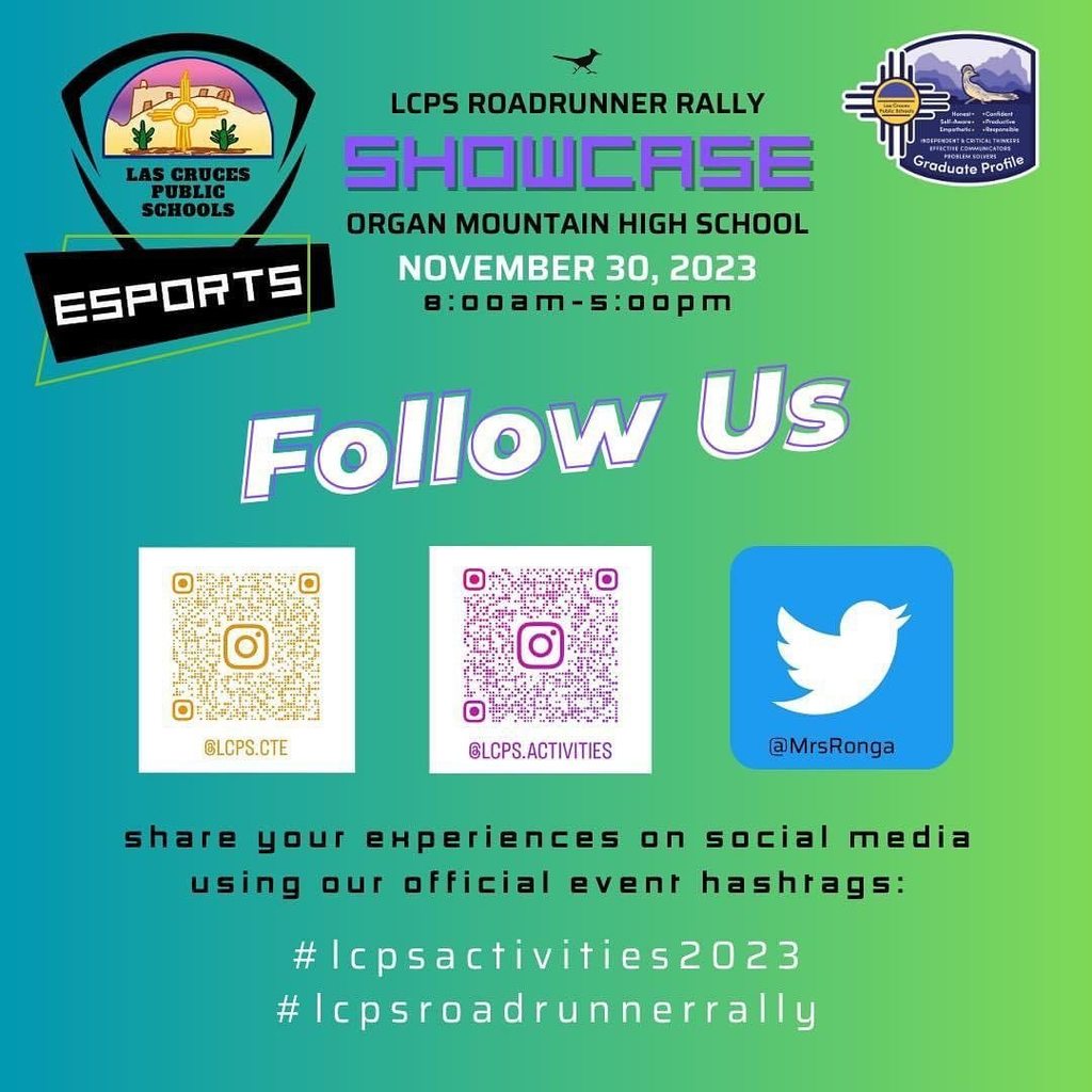 It’s Esports Week! Join us for the first annual Las Cruces Public Schools Esports Showcase Tournament Event - all day Thursday, 11/30. Free and open to students and the community. Also check out the eFlavor Showdown, eCanvas Clash, and NMSU eLounge Expo all happening at Organ Mountain High School. Please bring your driver’s license or district ID for admission. See you there! If you haven’t already, be sure to follow @lcps.cte and @lcps.activities on Instagram #lcpsroadrunnerrally