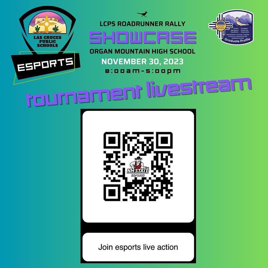 It’s Esports Week! Join us for the first annual Las Cruces Public Schools Esports Showcase Tournament Event - all day Thursday, 11/30. Free and open to students and the community. Also check out the eFlavor Showdown, eCanvas Clash, and NMSU eLounge Expo all happening at Organ Mountain High School. Please bring your driver’s license or district ID for admission. See you there! If you haven’t already, be sure to follow @lcps.cte and @lcps.activities on Instagram #lcpsroadrunnerrally