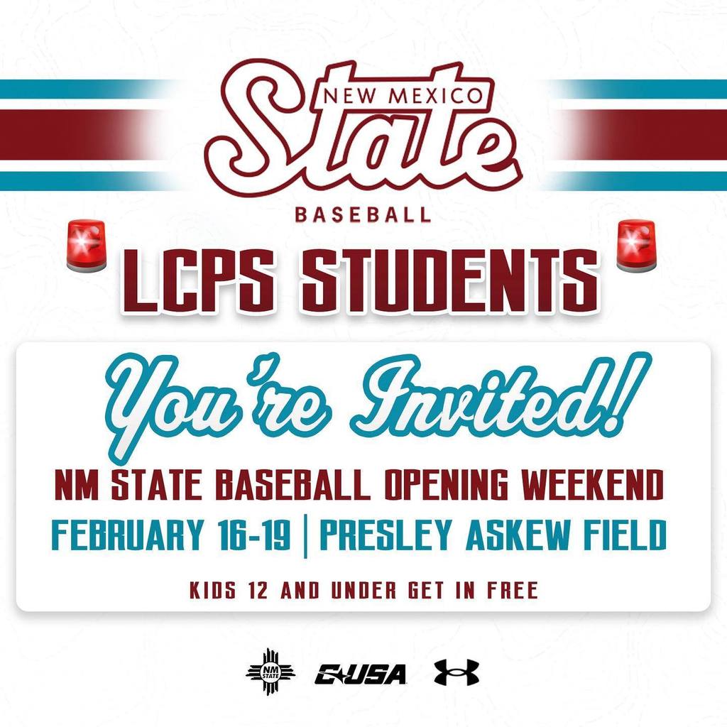 Tomorrow kicks off opening weekend for NM State Baseball. Be sure to cheer on Steve Solorzano, a graduate of LCHS in 2023. He will be playing for the Aggies this weekend!! Games will be free for kids 12 and under. 