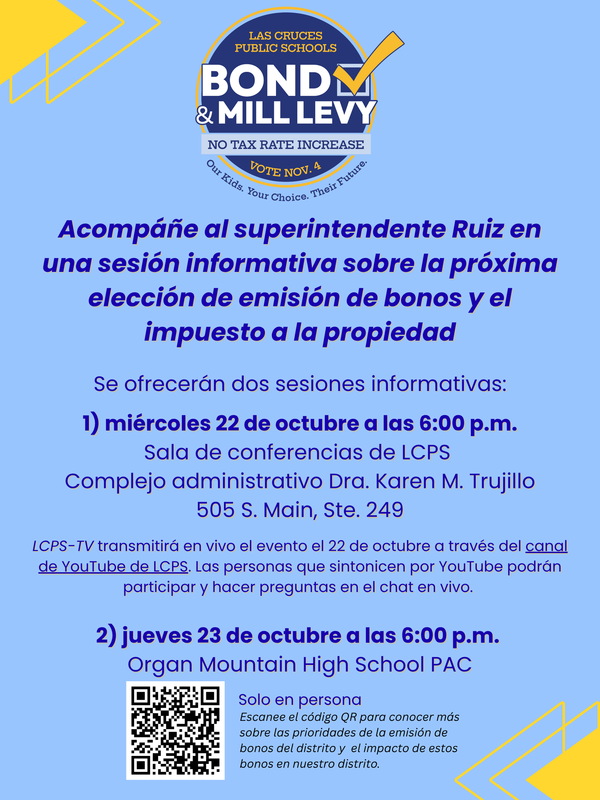 blue flyer with community information session details, in Spanish