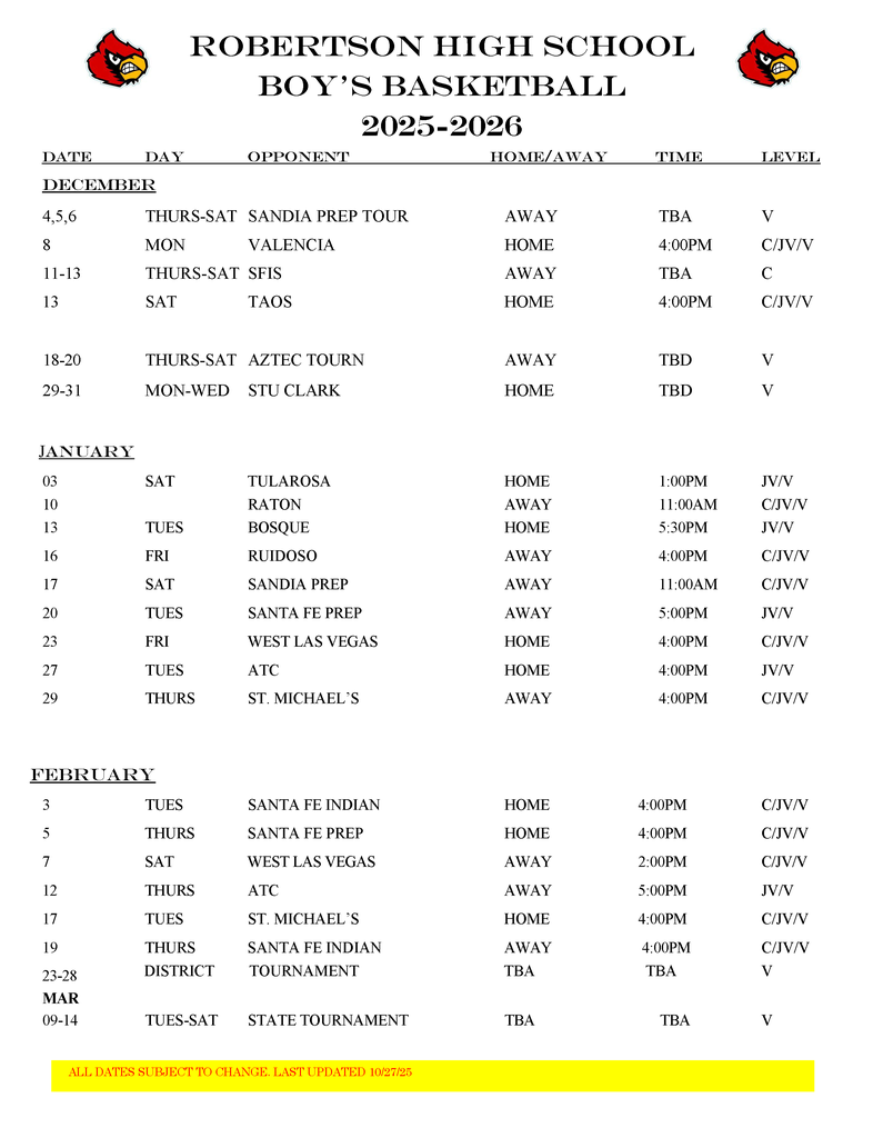 BASKETBALL SCHEDULES