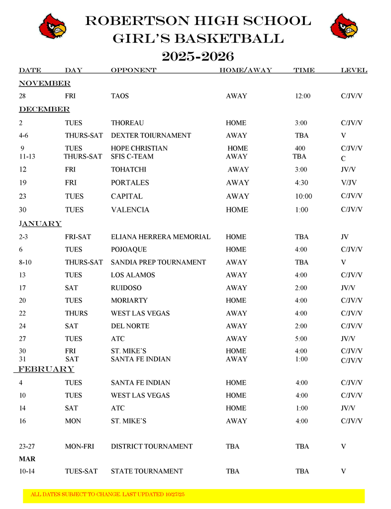 BASKETBALL SCHEDULES
