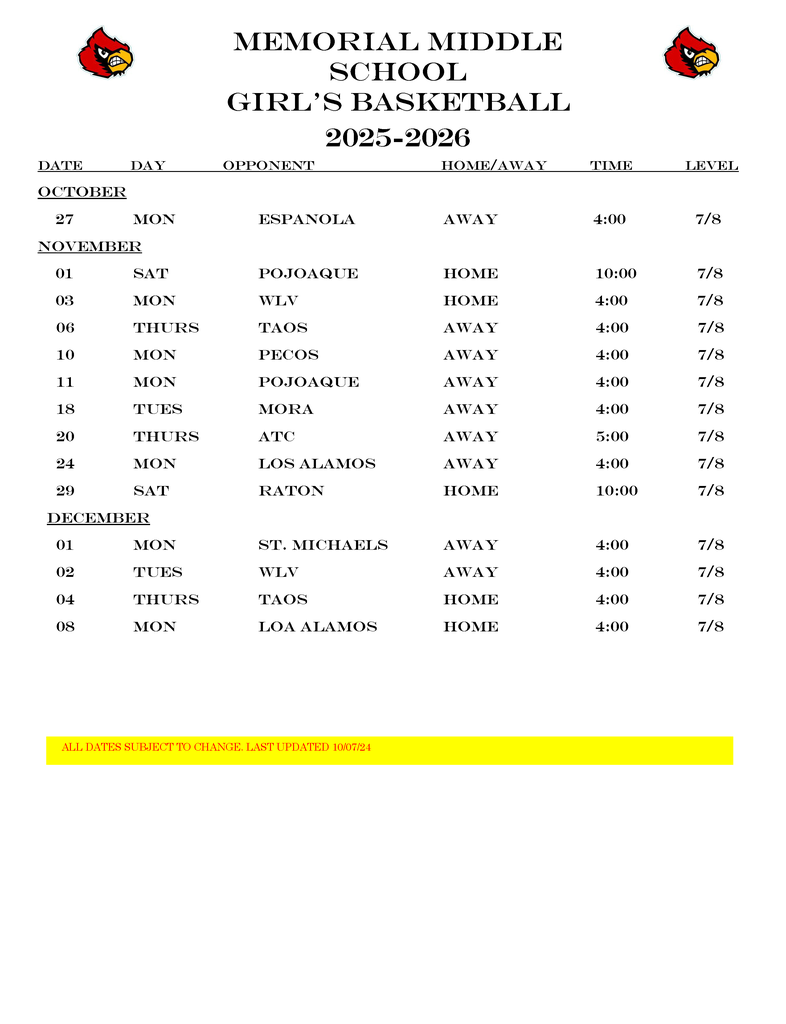 BASKETBALL SCHEDULES