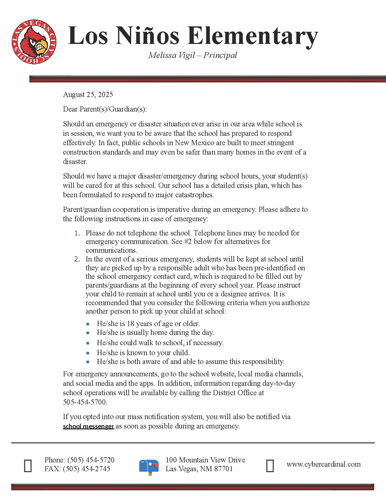 Parent(s)/Guardian(s) Should an emergency or disaster situation ever arise in our area while school is in session we want you to be aware that the school is prepared to respond.