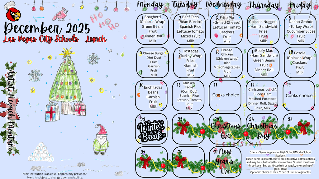 December Lunch Menu 2025 Revised