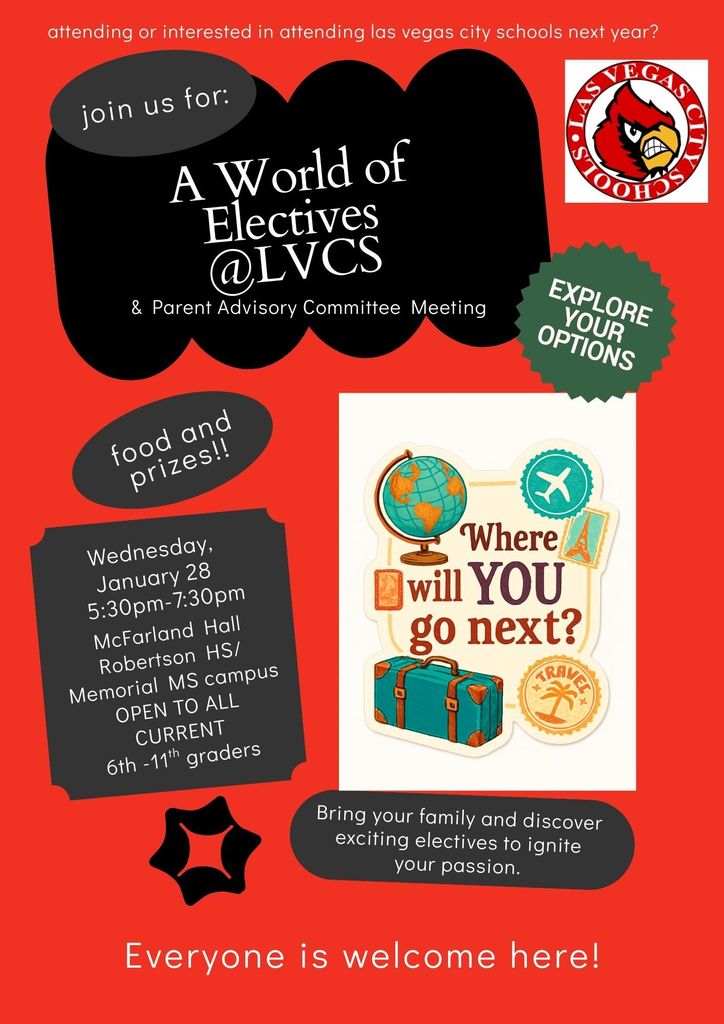 Explore ALL that Memorial MS and Robertson HS has to offer in their elective classes! Open to all current and possible students in grade 6-11 and their families. FREE FOOD and prizes! Wednesday, January 28 from 5:30p-7:30pm in McFarland Hall.
