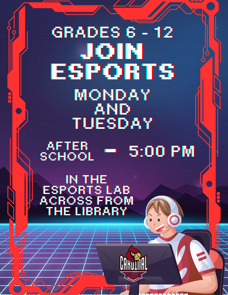 Grades 6-12! Interested in competing in games like Rocket League, NBA2K,Marvel Rivals, and many more? Join Esports! Monday and Tuesday next week from after school until 5:00 pm! Located in the lab across from the RHS Library!