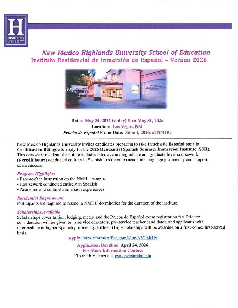 New Mexico Highlands University 2026 Residential Spanish Summer Immersion Institue