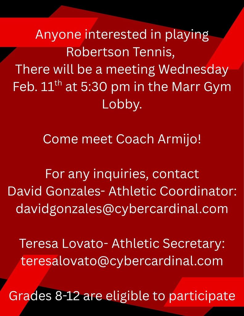 Come join the Cardinal Tennis Team! Grades 8 through 12