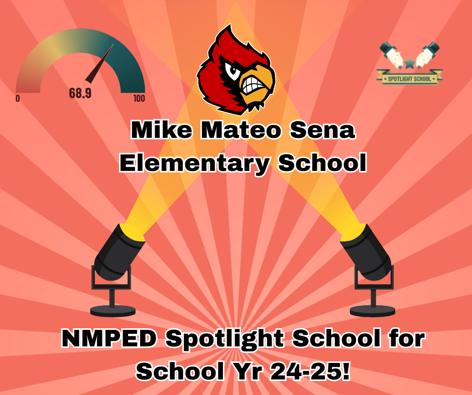 Mike Mateo Sena Elementary has been designated as a "Spotlight School" by the New Mexico Public Education Department for the 2024-2025 School Year. Congratulations to our students and staff for earning this great distinction! https://nmvistas.org/2025/Las_Vegas_City_Public_Schools/Mike_Sena_Elementary