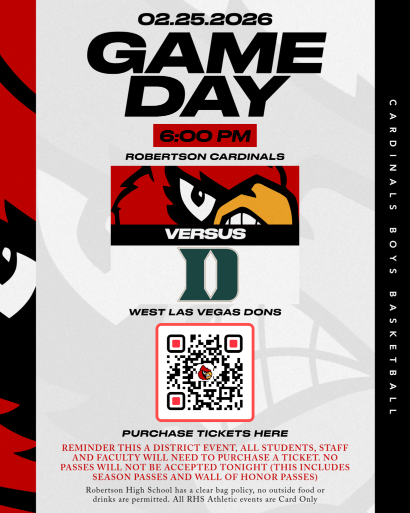 Come out and Support your Robertson Cardinals Boys Basketball Team as they host the West Las Vegas Dons tonight at 6:00 pm @ Marr Gymnasium. Let's Pack the house!