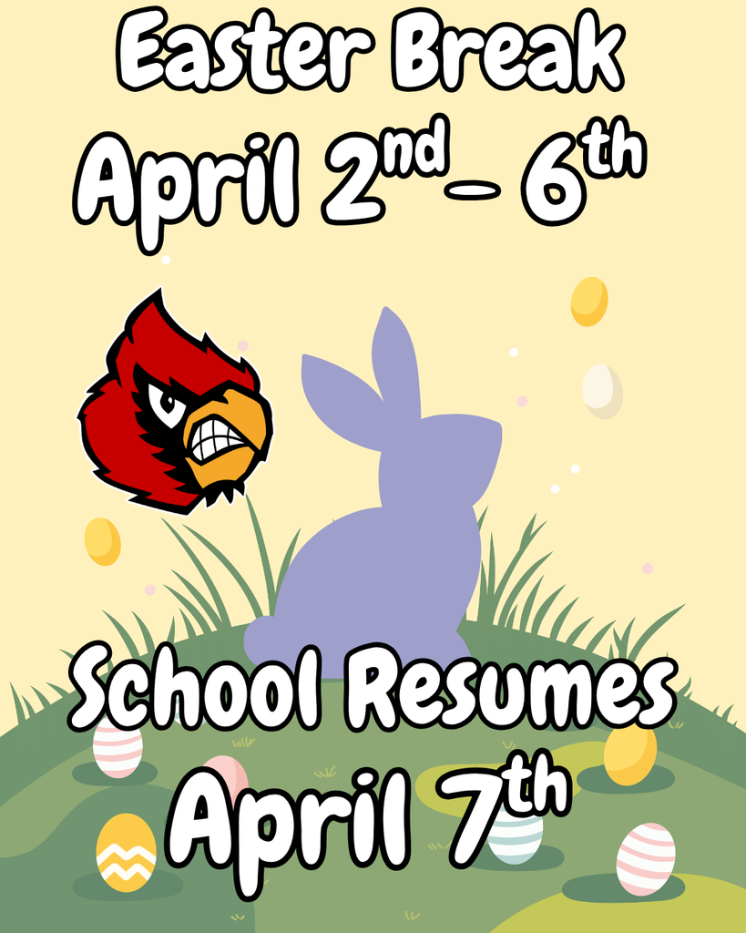 Our Easter Break begins today, April 2nd, and runs through April 6th. We hope all our students, staff, and families have a wonderful, relaxing holiday. We canāt wait to see everyone back and ready to learn when school resumes on Monday, April 7th!