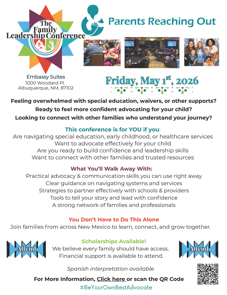 Flyer about Parents Reaching Out’s Family Leadership Conference will take place on May 1, 2026, in Albuquerque in Spanish
