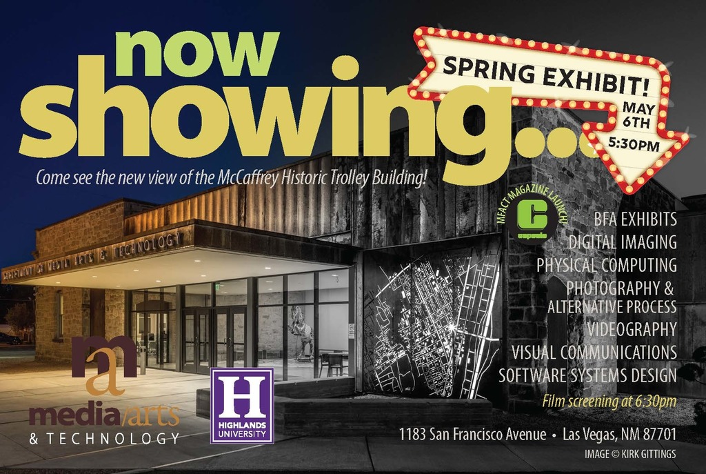 Showing the new Trolley building, and some Spring Exhibits, including BFA Exhibits Digital imaging Physical computing, Photography & Alternative Processes, Videography, Visual Communications. Software Systems Design.