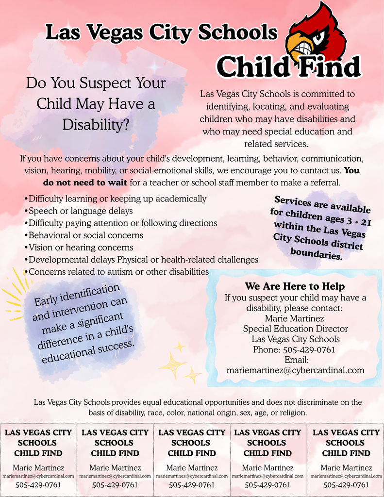 If you have concerns about your child's development, learning, behavior, communication, vision, hearing, mobility, or social-emotional skills, we encourage you to contact us. You do not need to wait for a teacher or school staff member to make a referral.