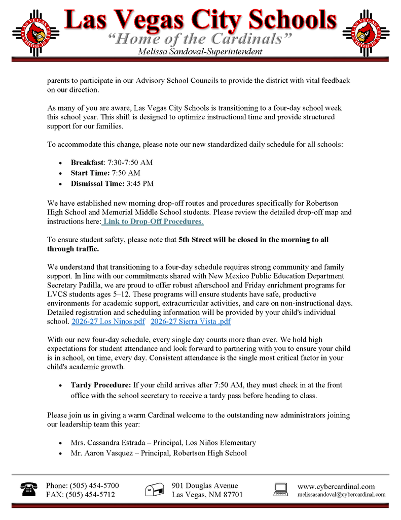 Letter from Superintendent