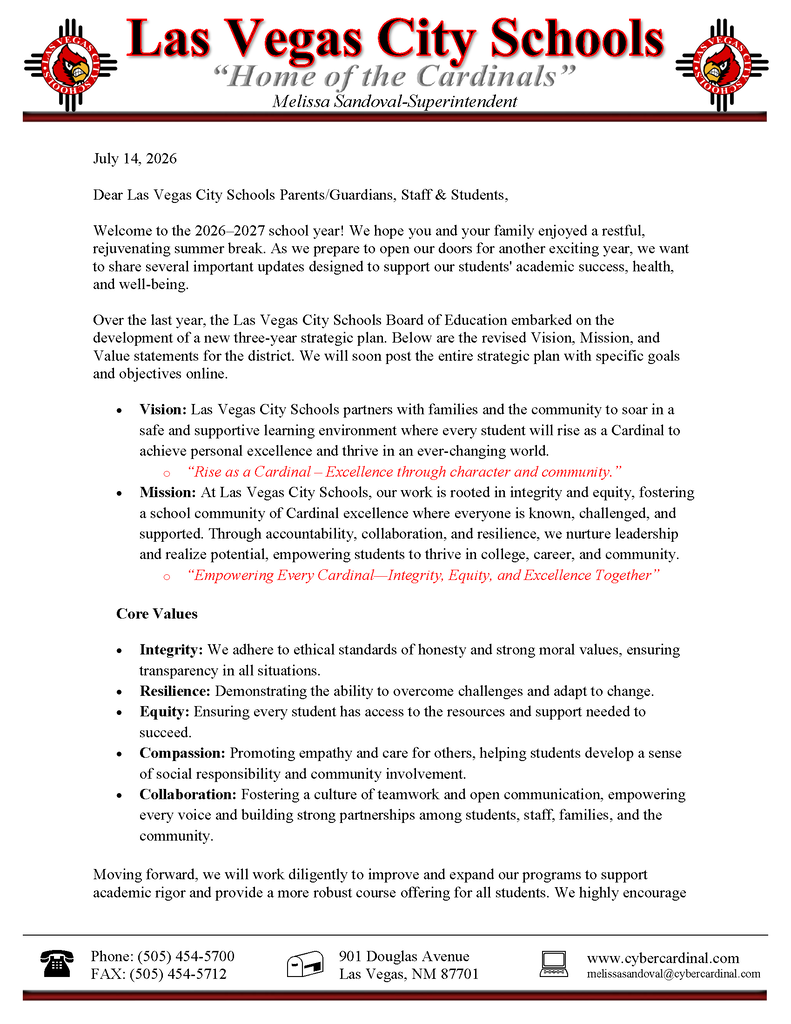 Letter from Superintendent