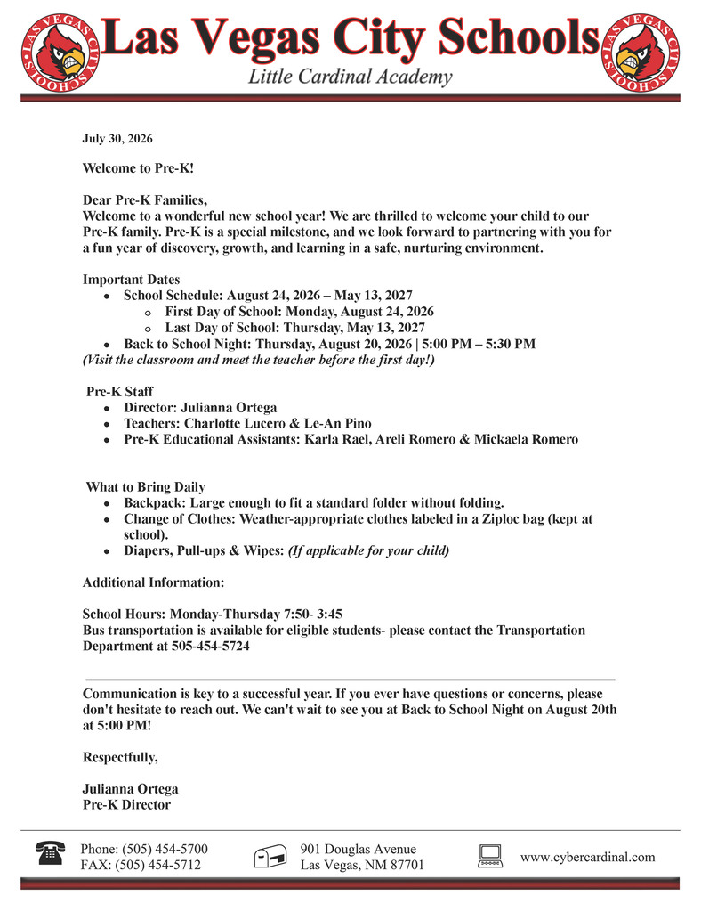 Pre-K Welcome letter