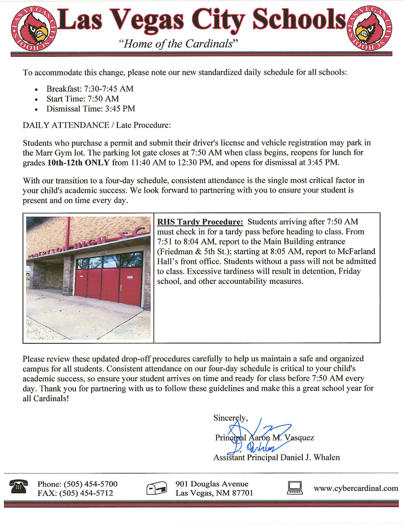 Welcome to the new school year at Robertson High School! To ensure a safe, organized, and successful start, please review the updated procedures below and help us make this a great year for all Cardinals!