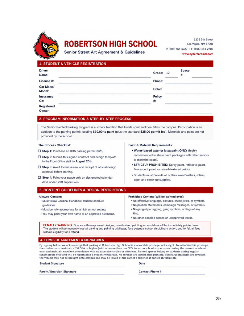 Eligible seniors at Robertson High School may participate in the Senior Painted Parking Program, a tradition that allows students to personalize their parking spaces while helping beautify the campus and build school spirit. Participation is limited to seniors with a valid parking permit.