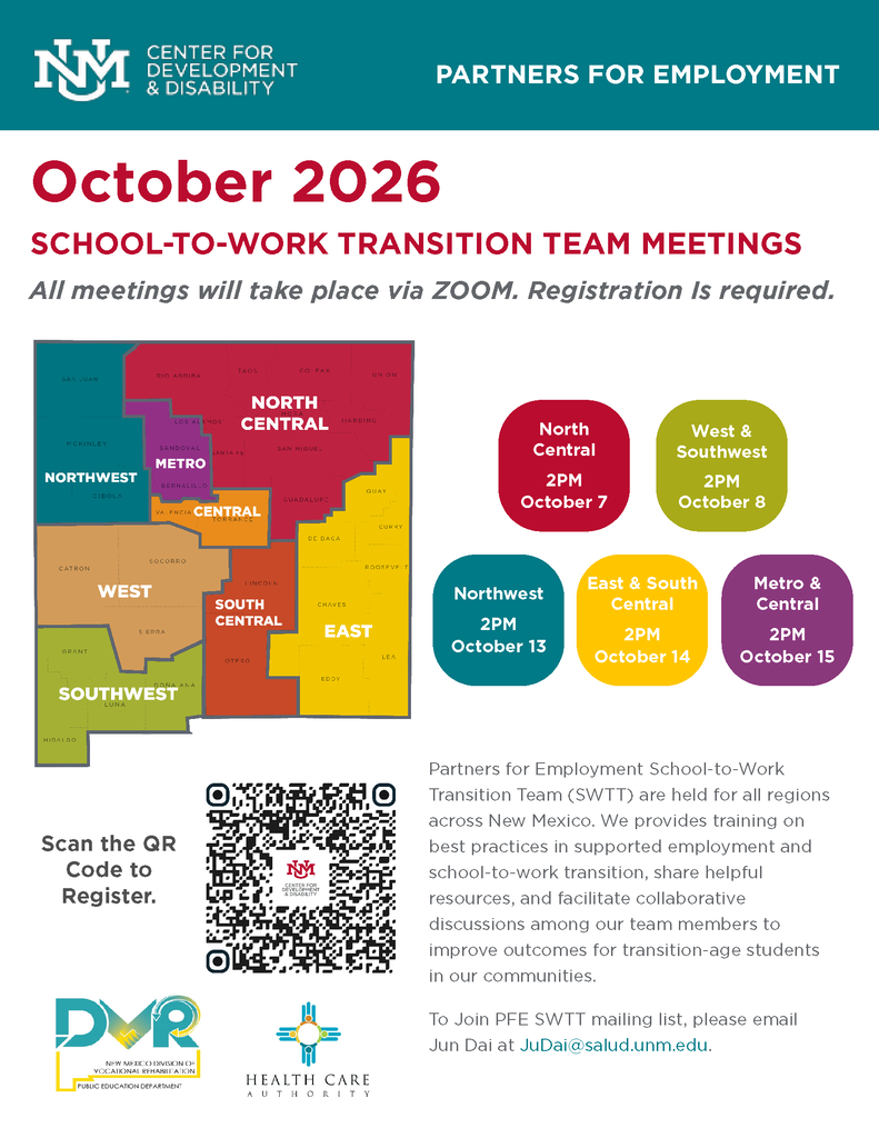 Please join us for the October School-to-Work Transition Team (SWTT) meeting from 2:00-3:00 PM on Wednesday October 7th, 2026. Our topic will be Family Engagement in the Transition Process. During this meeting, we’ll review valuable online school-to-work transition resources and share updates from our partners.