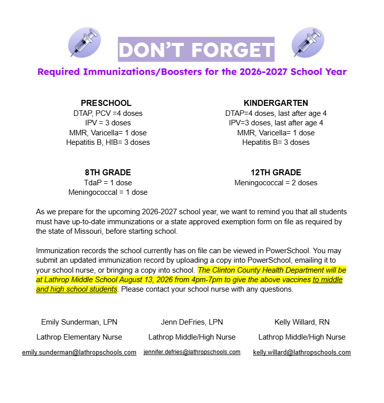 Flyer reminding families about required school immunizations for the 2026-2027 school year in Lathrop, Missouri, featuring grade-by-grade vaccine lists and an upcoming clinic.