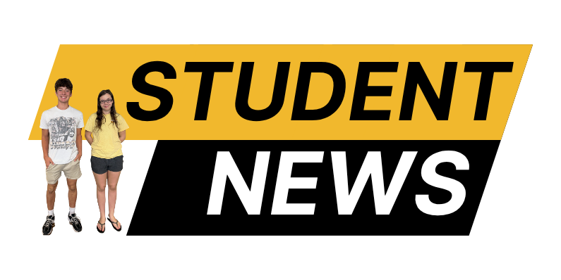 black and gold background with photo of Charlie and Scarlet: STUDENT NEWS