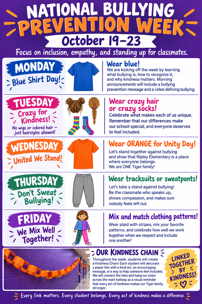 Bullying Prevention Week! Please note that it has been moved to NEXT WEEK (Oct 19th-23rd) ** NO HOODS WORN ON ANY DAY!