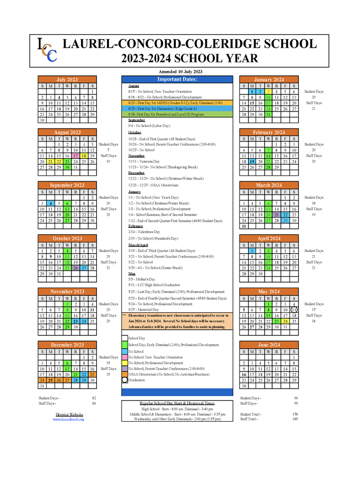 2023-2024 School Calendar_Amended 10 July 2023 | Laurel-Concord-Coleridge School 2023-2024 School Calendar_Amended 10 July 2023 | Laurel-Concord-Coleridge School