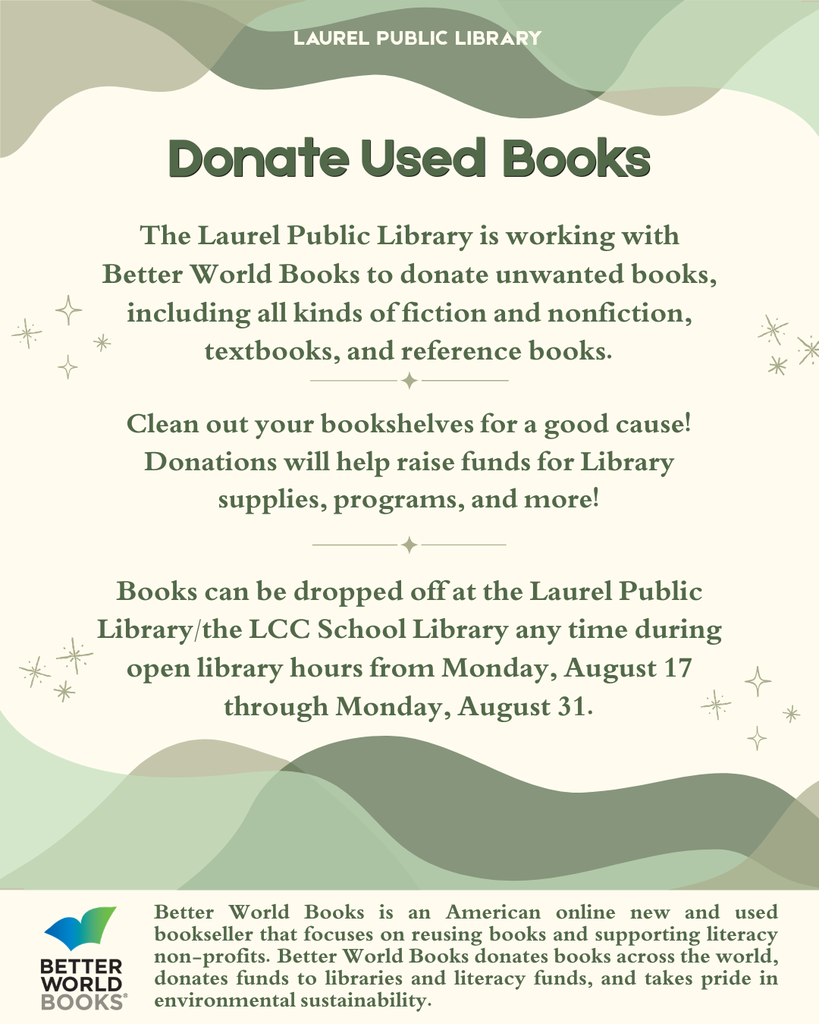 Advertisement to donate used books to the Laurel Public Library