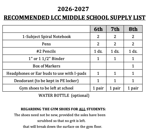 MIddle School - Supply Lists