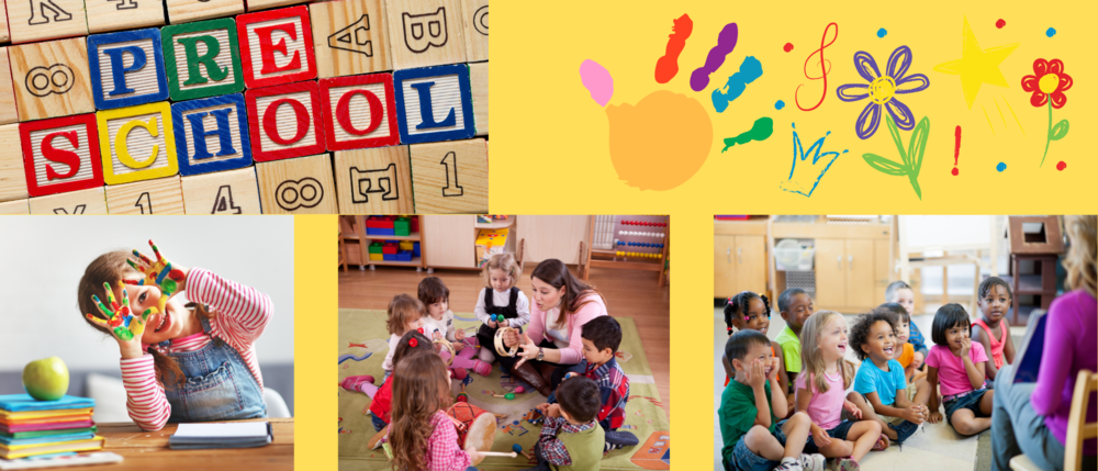 Preschool picture collage with students interacting in a classroom, painting, class discussion, and listening to a story