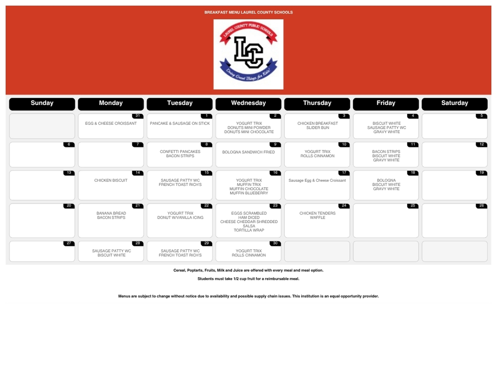 September Lunch Menu