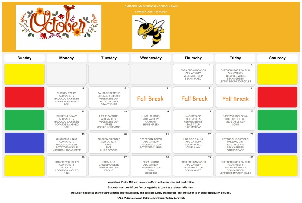 October Lunch Menu