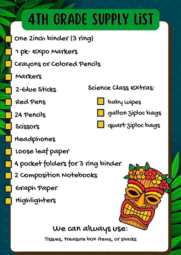 4th Grade Supply List