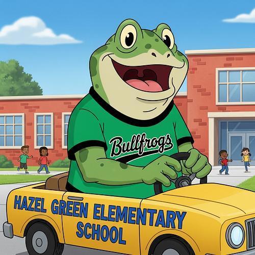 bullfrog driving in a car in front of a school